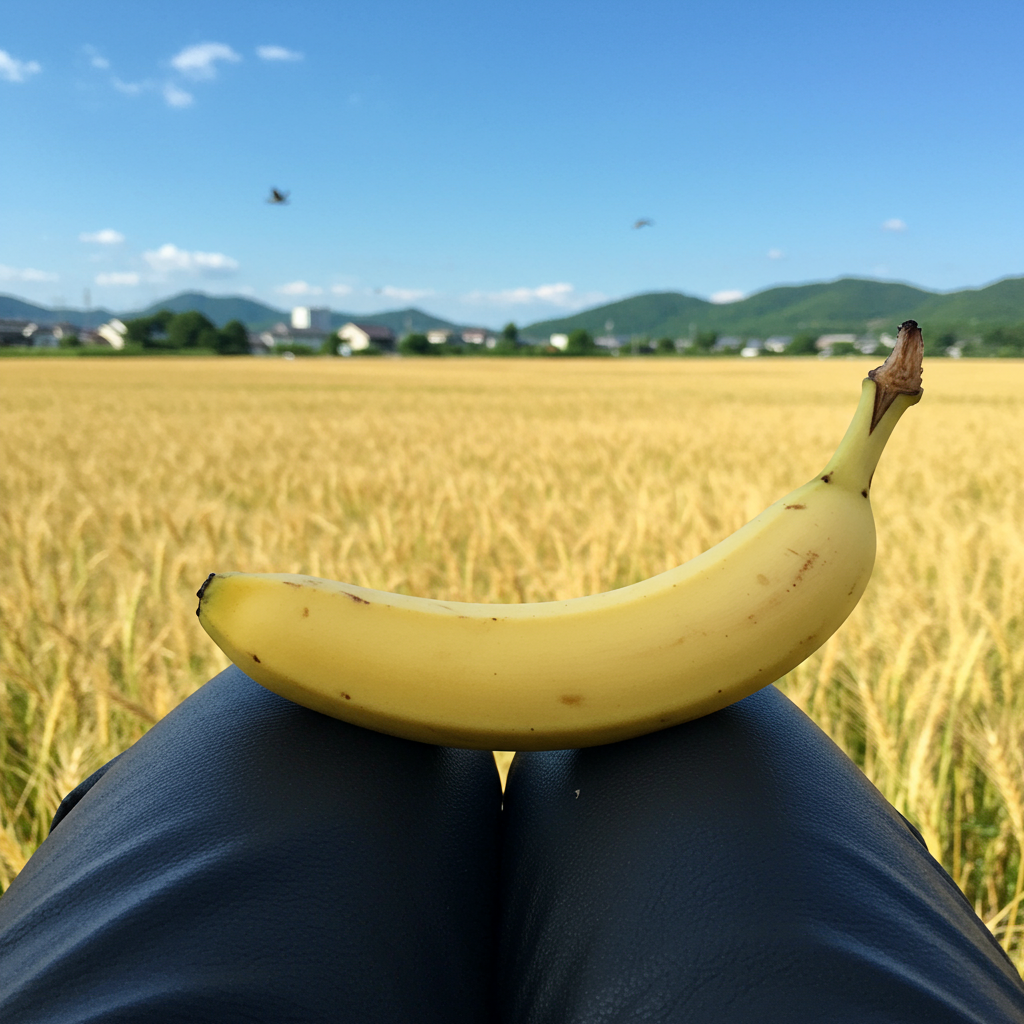 Sous un ciel azur, une banane se prélasse sur un trône de cuir, témoin silencieux des rivières dorées dansent au gré du vent.