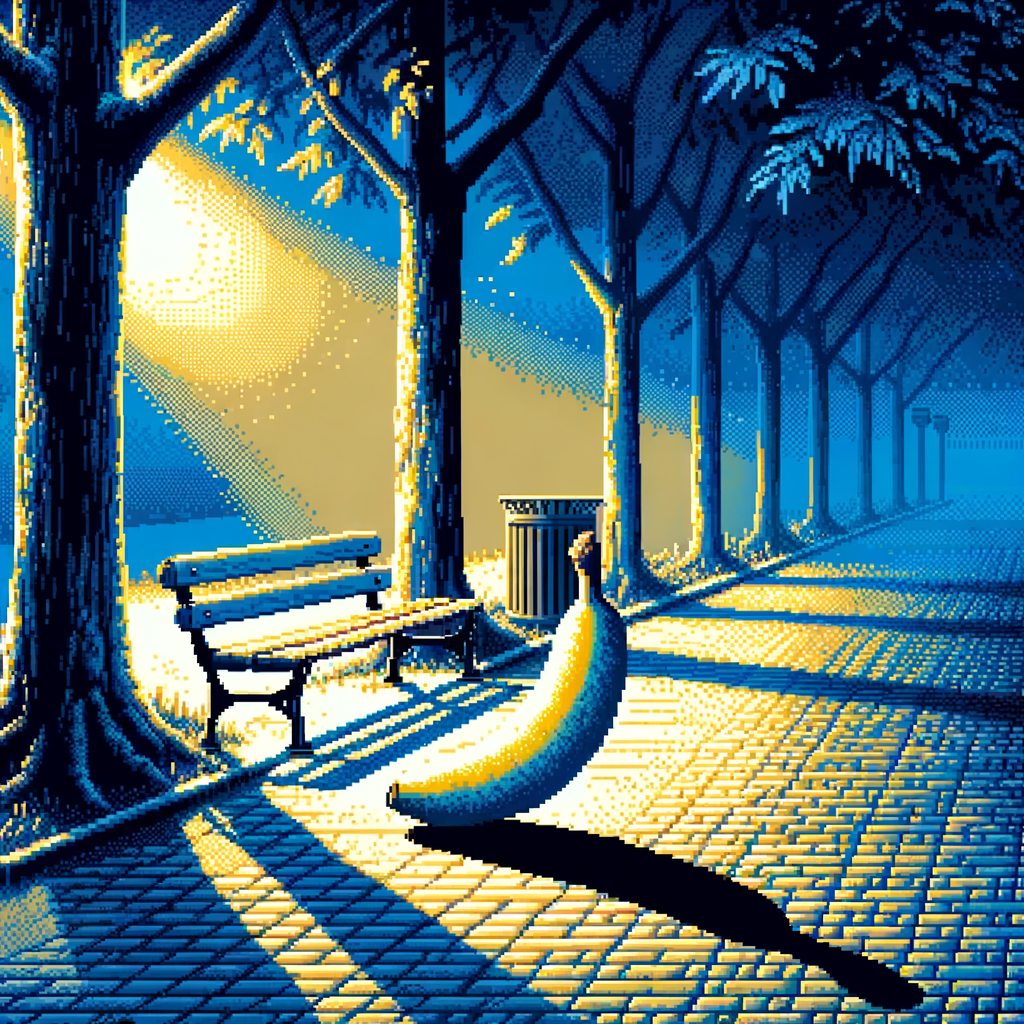 Sous les arbres dansants, une banane rêve de liberté, baignée de lumière, espérant un rire partagé dans le bal des ombres.