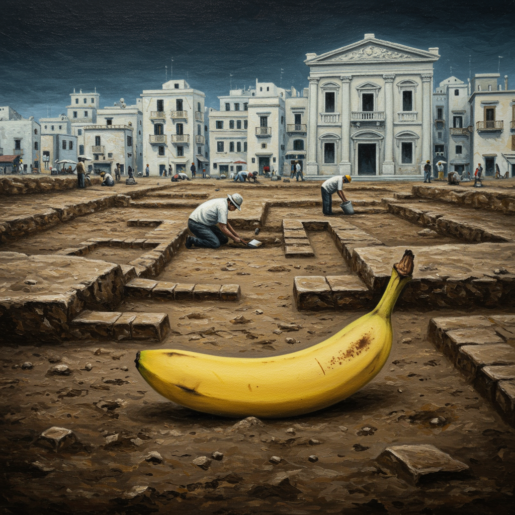 Au cœur de l'histoire déterrée, une banane rêve d’arches antiques, curieux fruit parmi les pierres, gardien de secrets aussi jolis qu'inattendus.