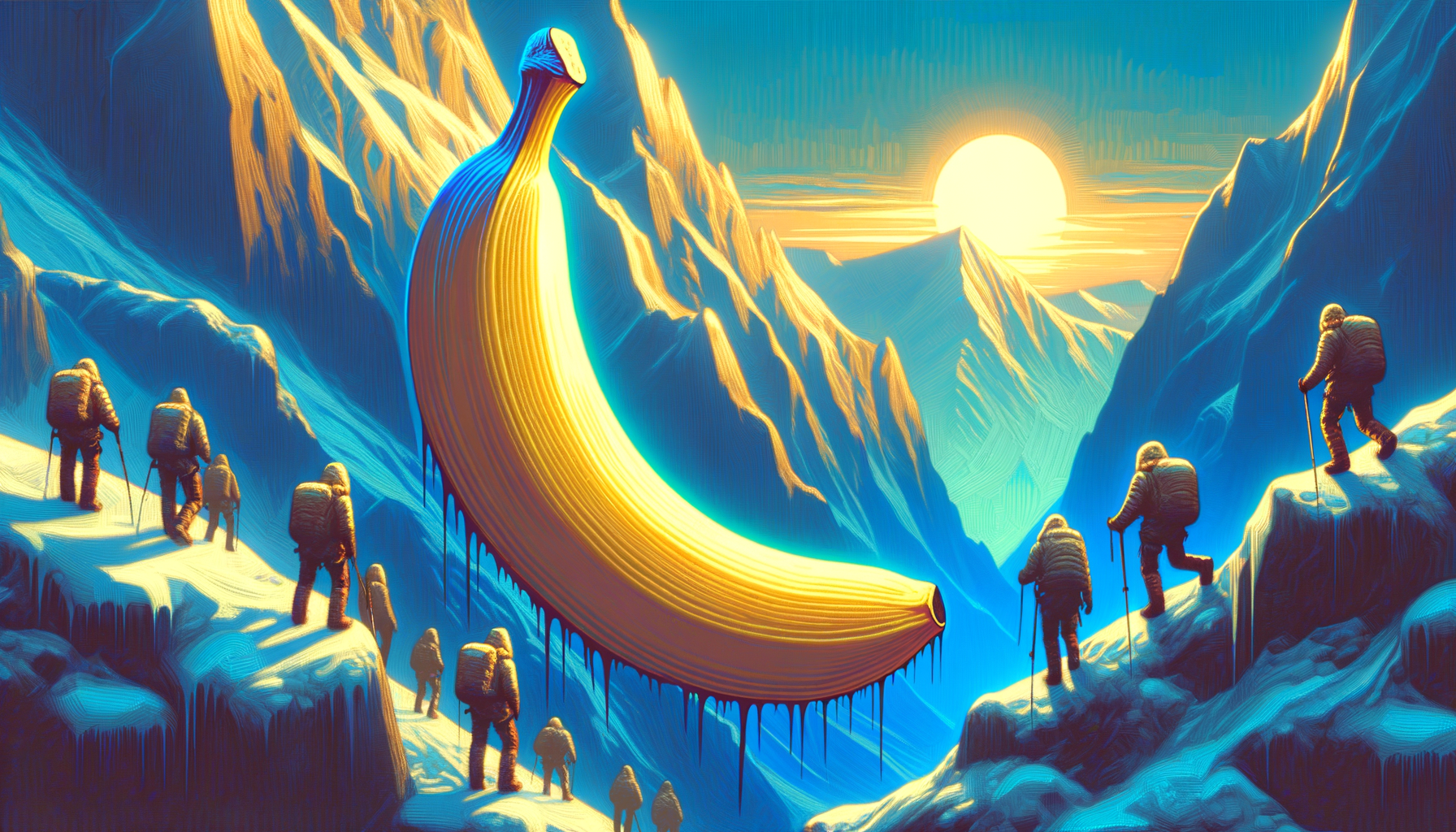 Au sommet du monde, une banane géante veille, éclatante d'or, tandis que les aventuriers grimpent, cherchant la douceur dans un paysage givré.