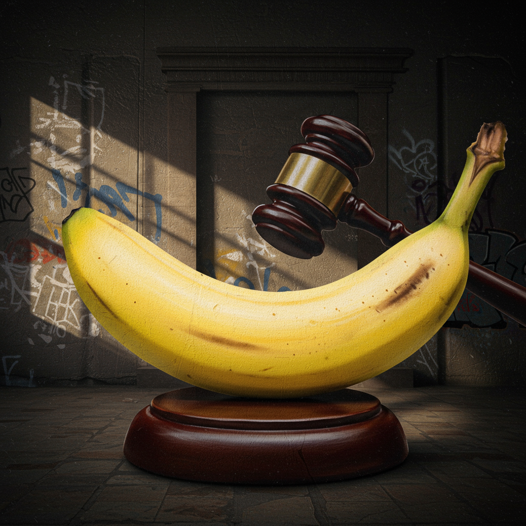 Dans un tribunal des fruits, une banane plaide sa cause, déliée de la gravité, tandis qu'un marteau tranche en éclats de rire.