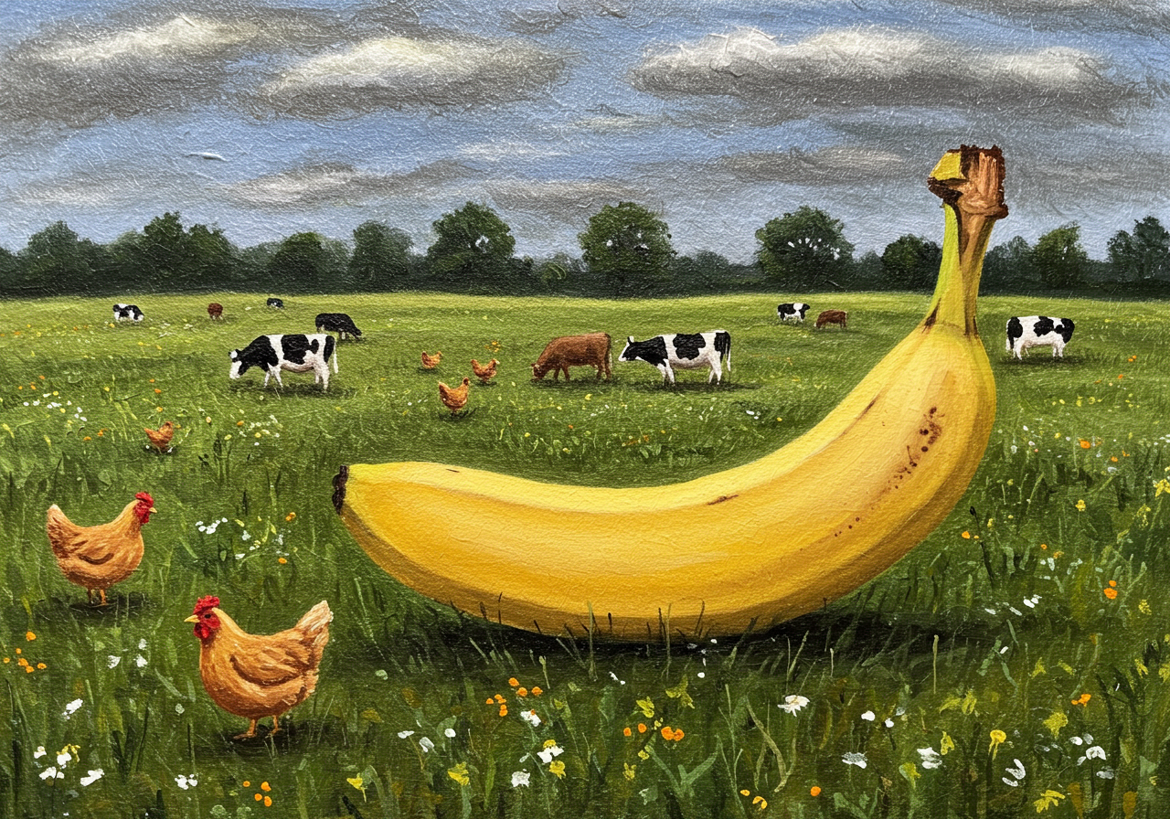 Dans un champs aux mille rires, un fruit excentrique se pavane, banane au royaume des vaches, où chaque bêlement sourit à la folie.
