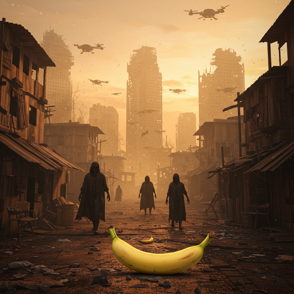 Dans un monde de ruines, un éclat jaune défie l'angoisse, un fruit de l'espoir au cœur des ombres. Qui a dit que les bananes n'étaient pas résistantes ?