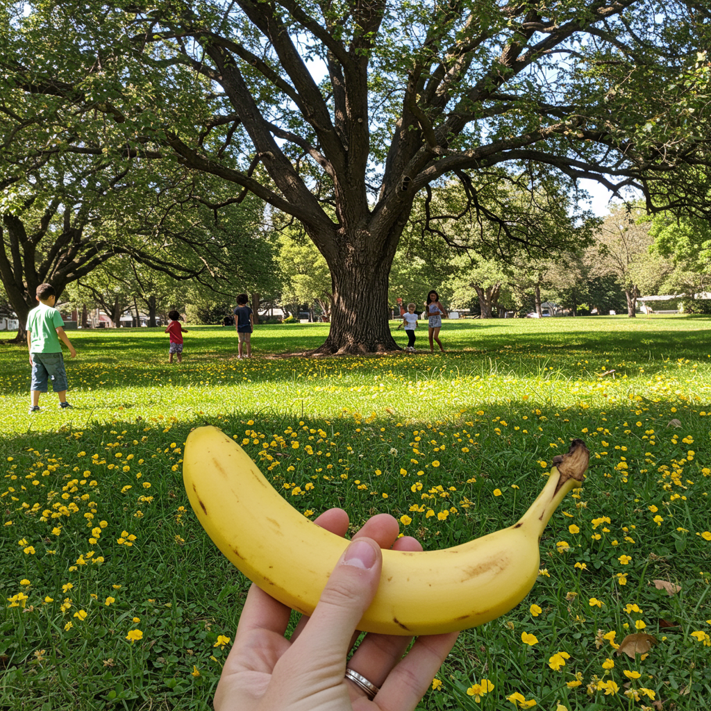 Sous un ciel de mille éclats, une banane rêve d’horizons, pendant que l’enfance danse parmi les fleurs d’or, insouciantes et gais.
