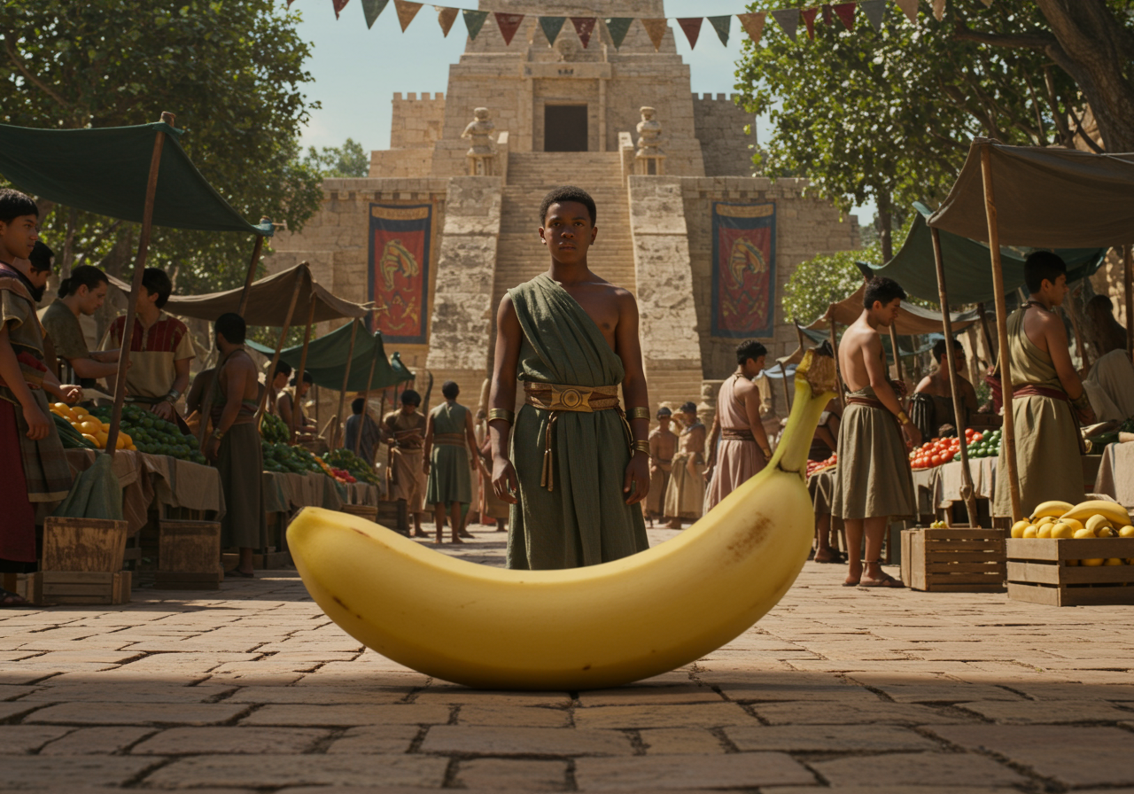 Sous un ciel ancien, un héros impassible se dresse, tandis qu'une banane titanesque, au sourire ensoleillé, danse dans l'écho des marchés vibrant.
