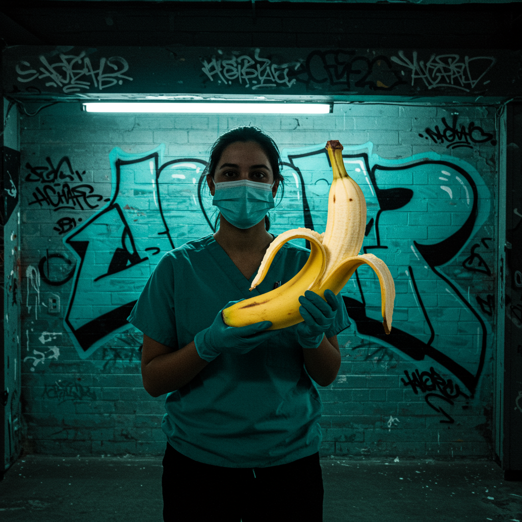 Dans un monde où les bananes portent des masques, la santé s'invite avec humour, un éclat enjoué au cœur des murs colorés.