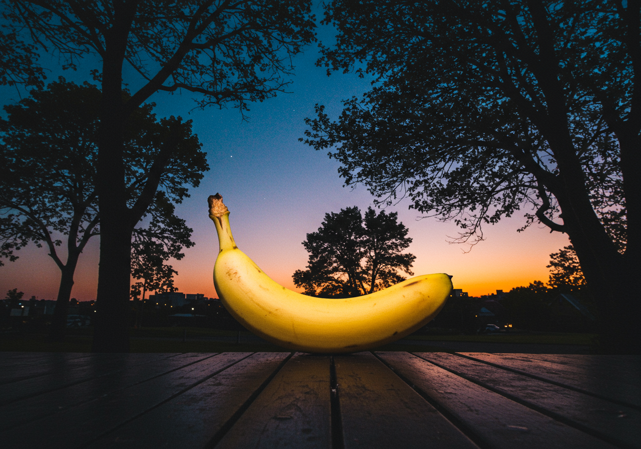 Sous un ciel peint de rêves, une banane fière se dresse, éclatante comme un soleil qui sourit aux arbres endormis.