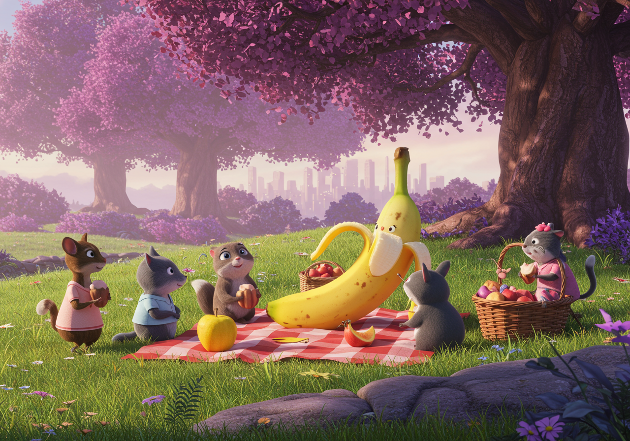Sous un ciel de lilas, un fruit dansant régale des rongeurs curieux, où la vie se drape de douceur et de folles bananes.