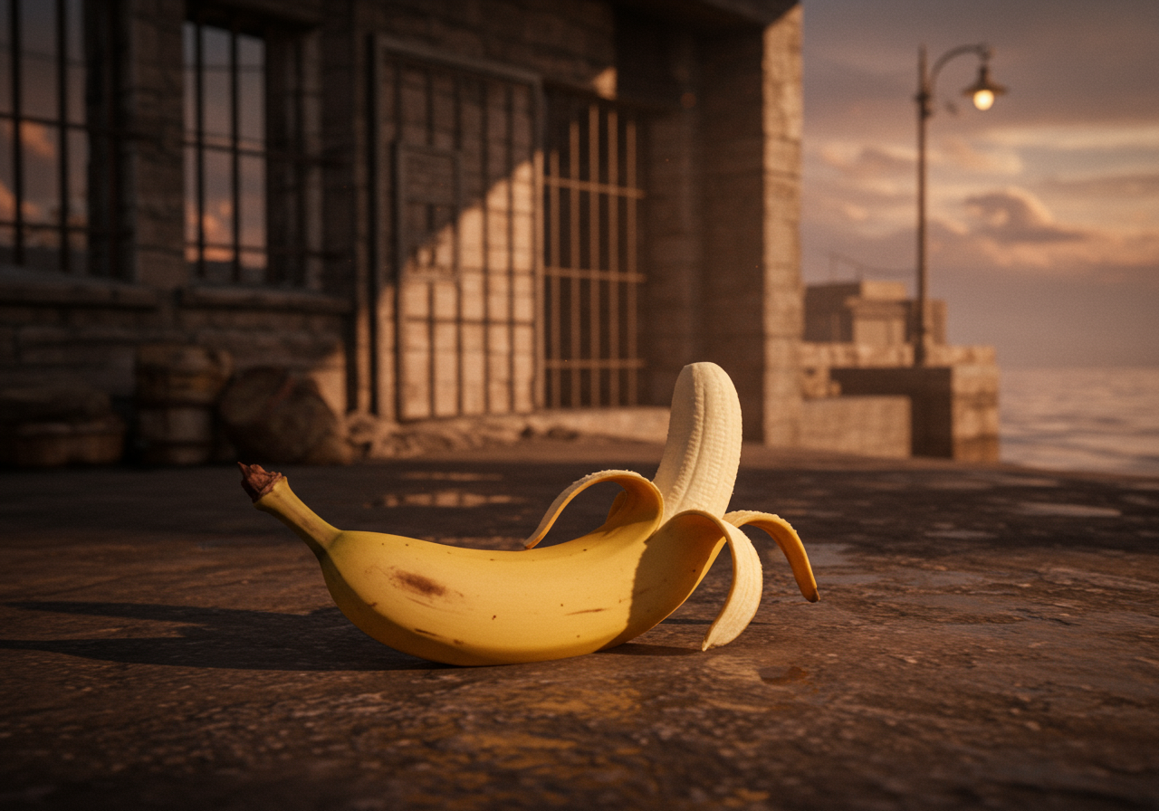 À l'ombre d’un quai, une banane rêve de grand large, paisiblement posée, en quête d’aventures et de rires phosphorescents.