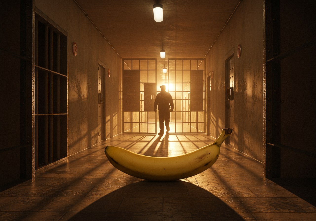 Dans un couloir de fer, un fruit insolent défie l’ombre ; l'absurde se dresse, une banane en cavale, riant des barreaux.