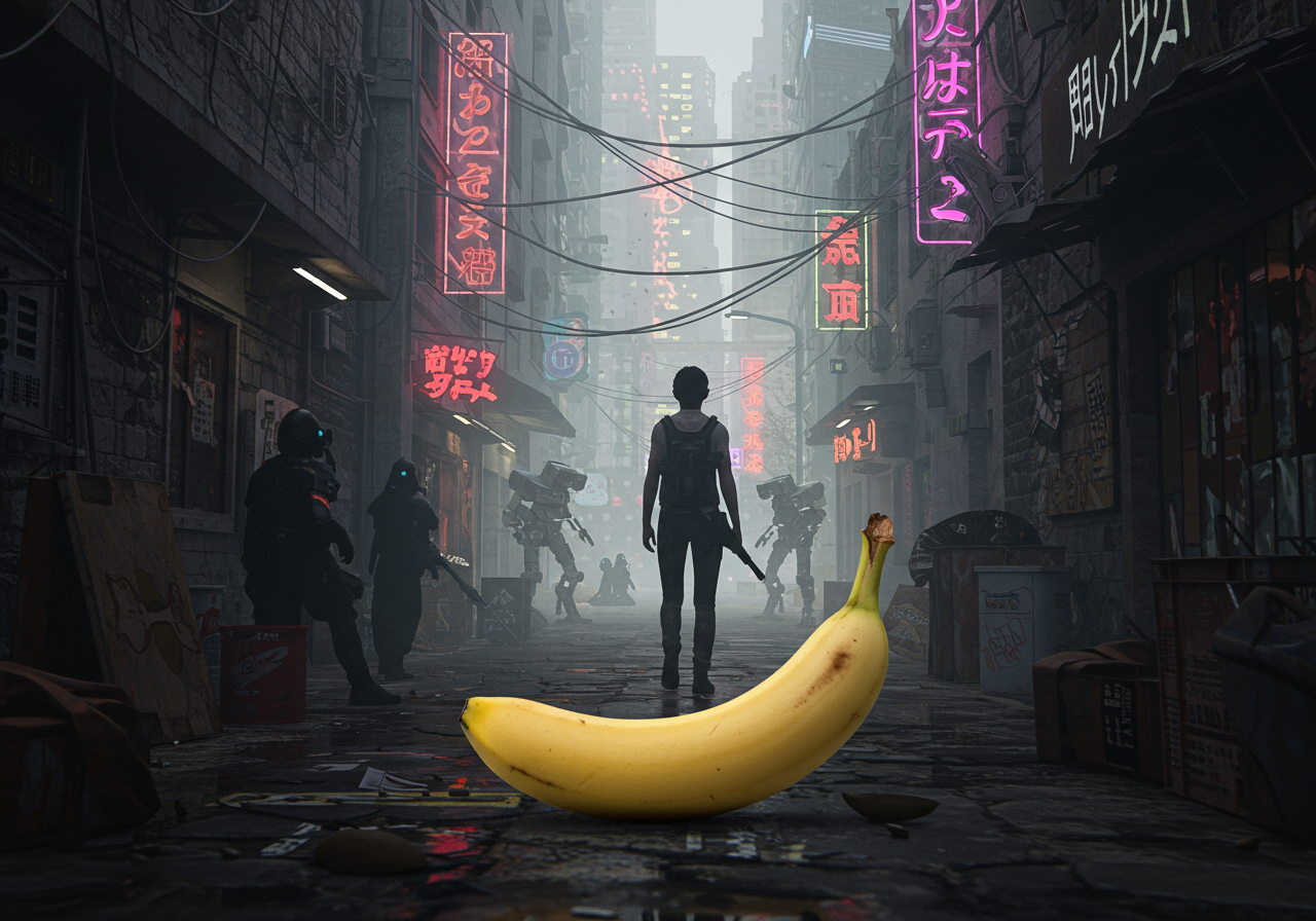 Une banane solennelle en plein chaos, témoigne d'un monde où le ridicule danse avec l'ombre des robots en veillée. Étrange sérénité.