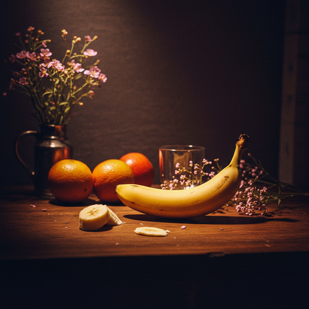 Sous les feux tamisés, une banane rêve des oranges et flirte avec des fleurs, comme une danse légère dans un univers sucré.