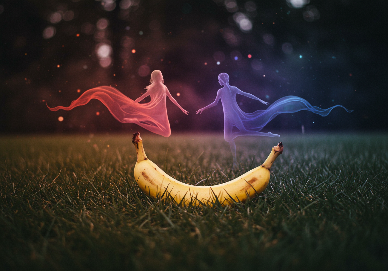 Entre rires fruités, des esprits dansent, drapés de couleurs. Une banane médium, spectatrice de ce bal invisible, glisse vers l'éternité.
