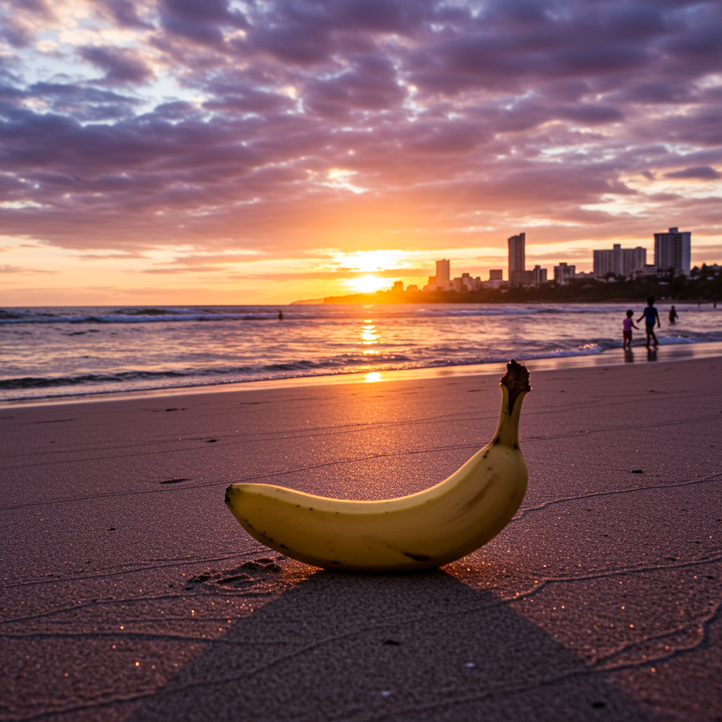 Un soleil triste s'étire sur le sable, tandis qu'une banane rêve d’horizons tropicaux, égarée dans l'effervescence d'un monde ensoleillé.