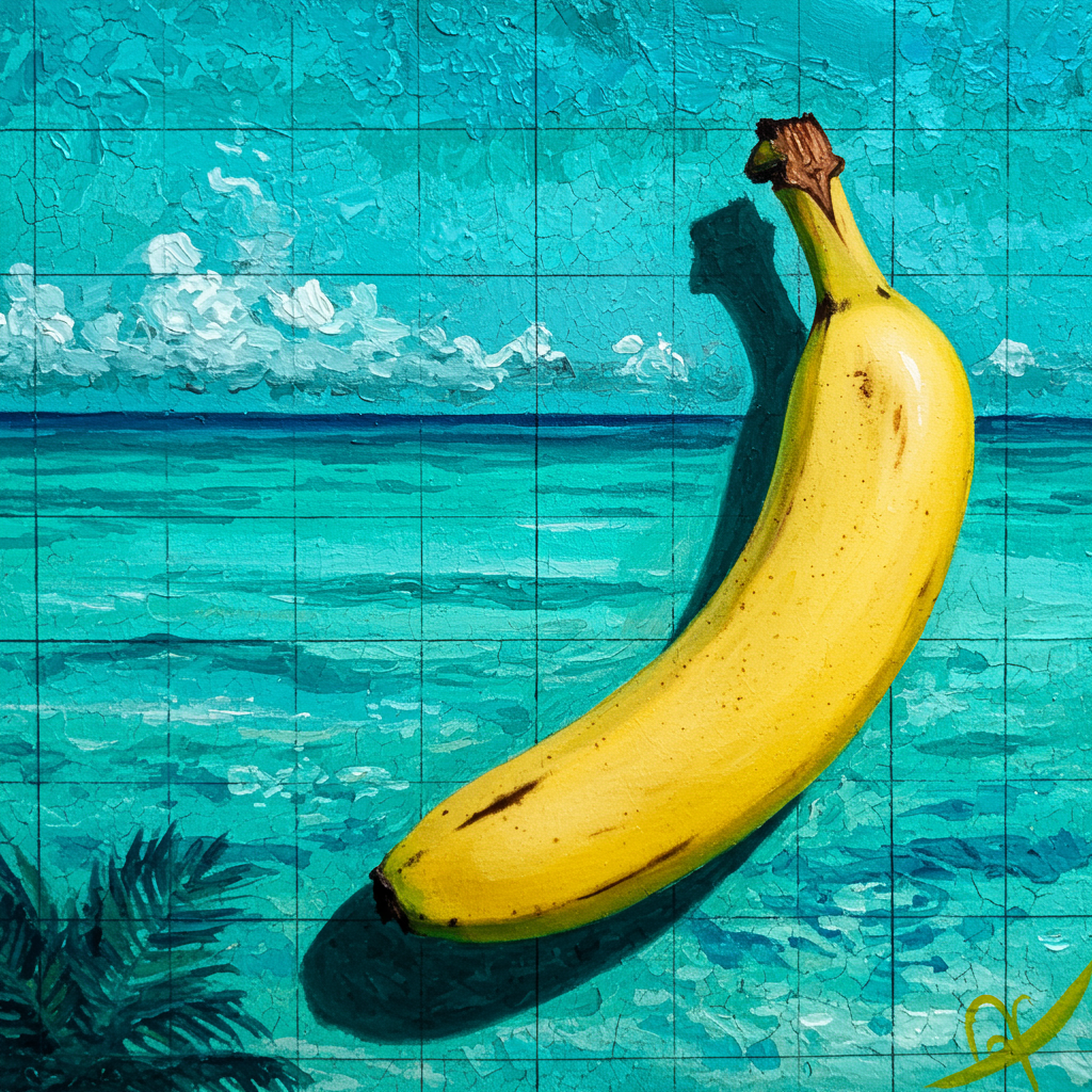 Un fruit tropical, roi des vagues, s'étire sur l'horizon turquoise, son éclat défie les nuages. Banane rêveuse, navigateur des saveurs.