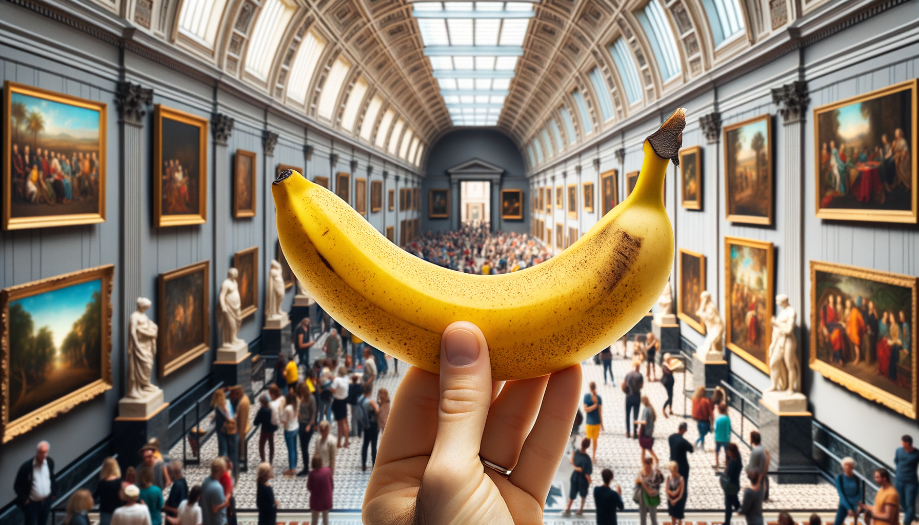 Une banane au musée, éclat de jaune sur l'écrin des chefs-d'œuvre ; un clin d'œil humoristique à la gastronomie sacrée. Quoi de plus savoureux ?
