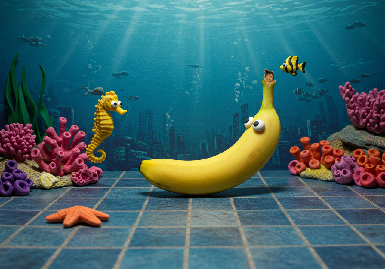 Au fond des mers, une banane rigolote dialogue avec un hippocampe perplexe, entre coraux colorés, ballet des rêves aquatiques.