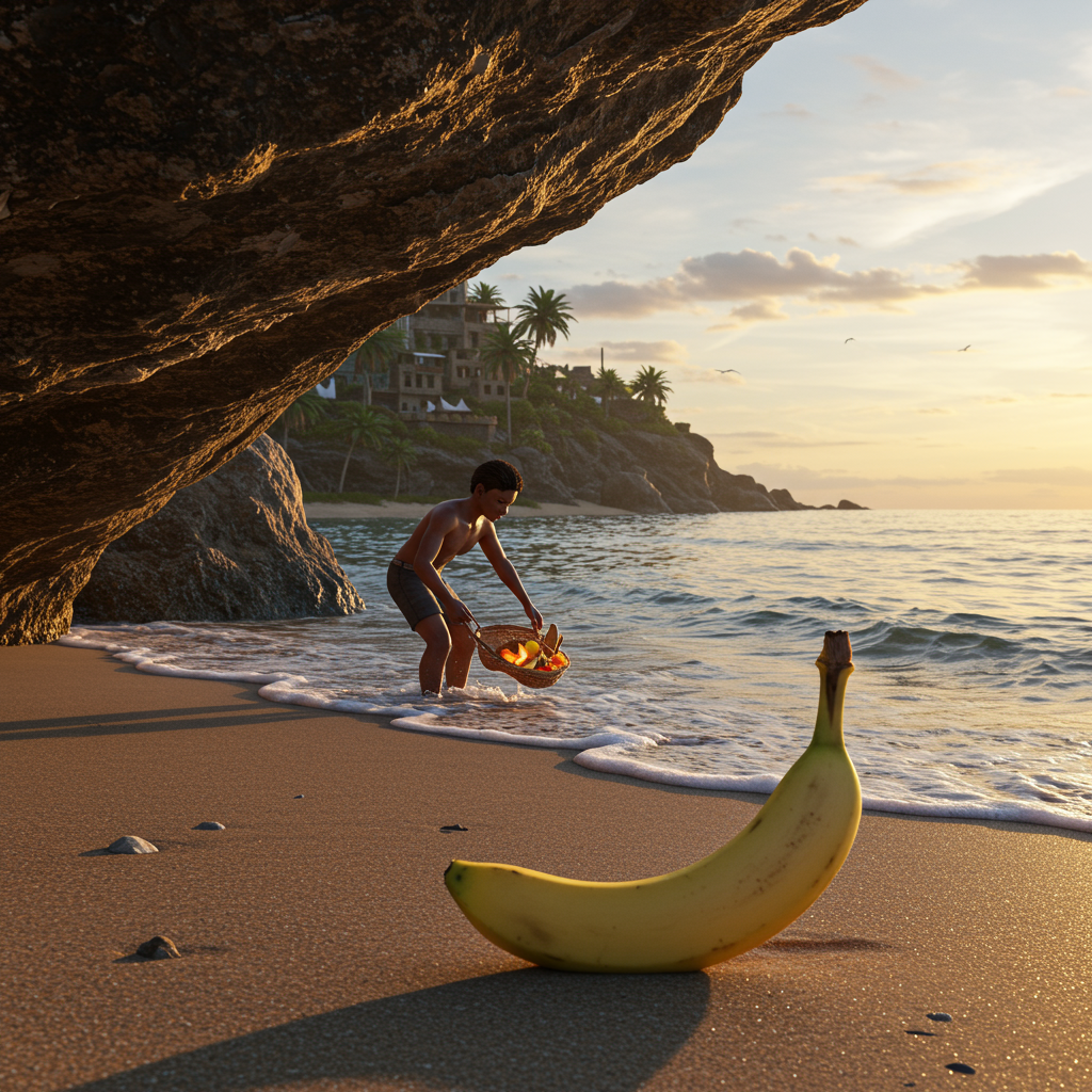 Sur le rivage, un jeune pêcheur de rêves, tandis qu'une banane rêve de vagues et de danses étoilées. La mer murmure des douceurs fruitées.