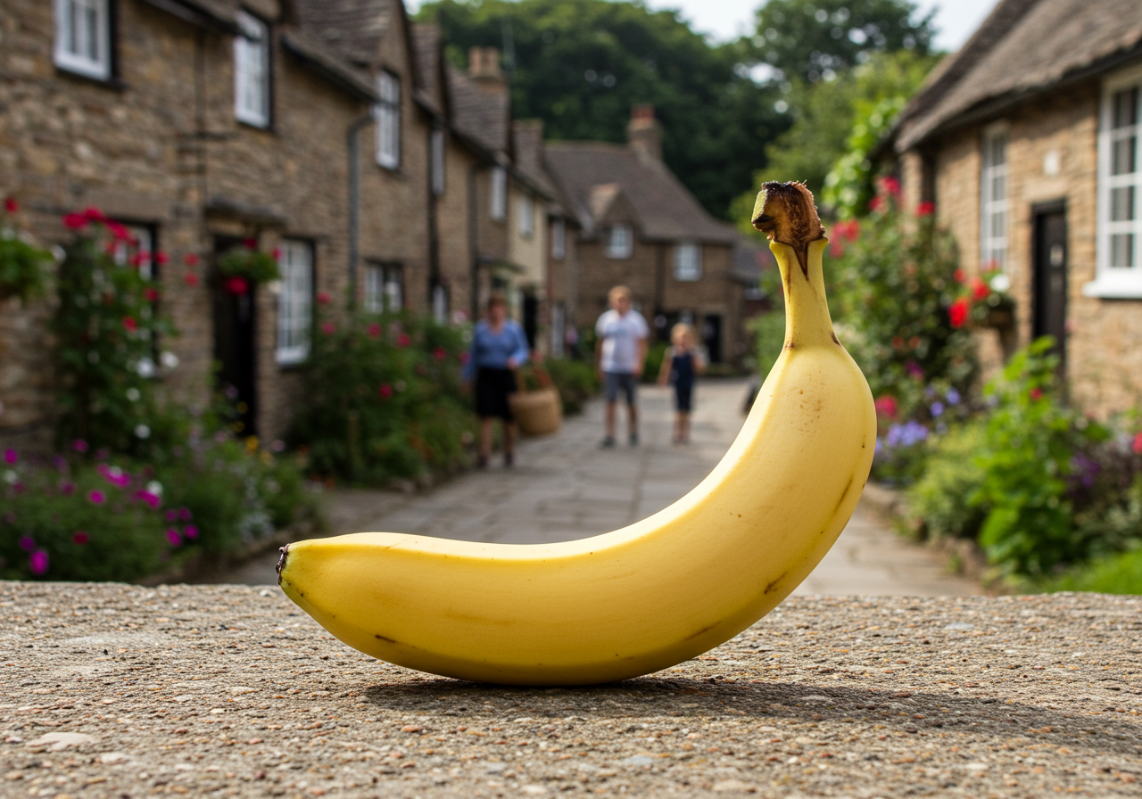 Une banane rêve d’évasion, perchée sur un muret, spectatrice des balades, elle sourit sous les fleurs et les rires humains.