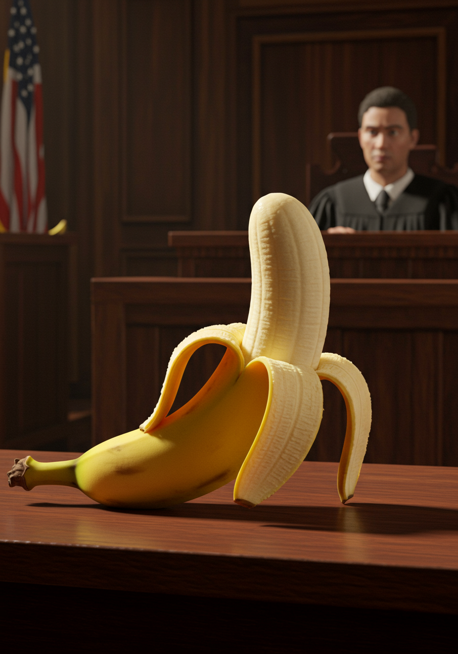 Un fruit témoin, fendu en deux, inculpé de légèreté, face à la rigueur du droit. La justice, parfois, prend un goût doux et sucré.