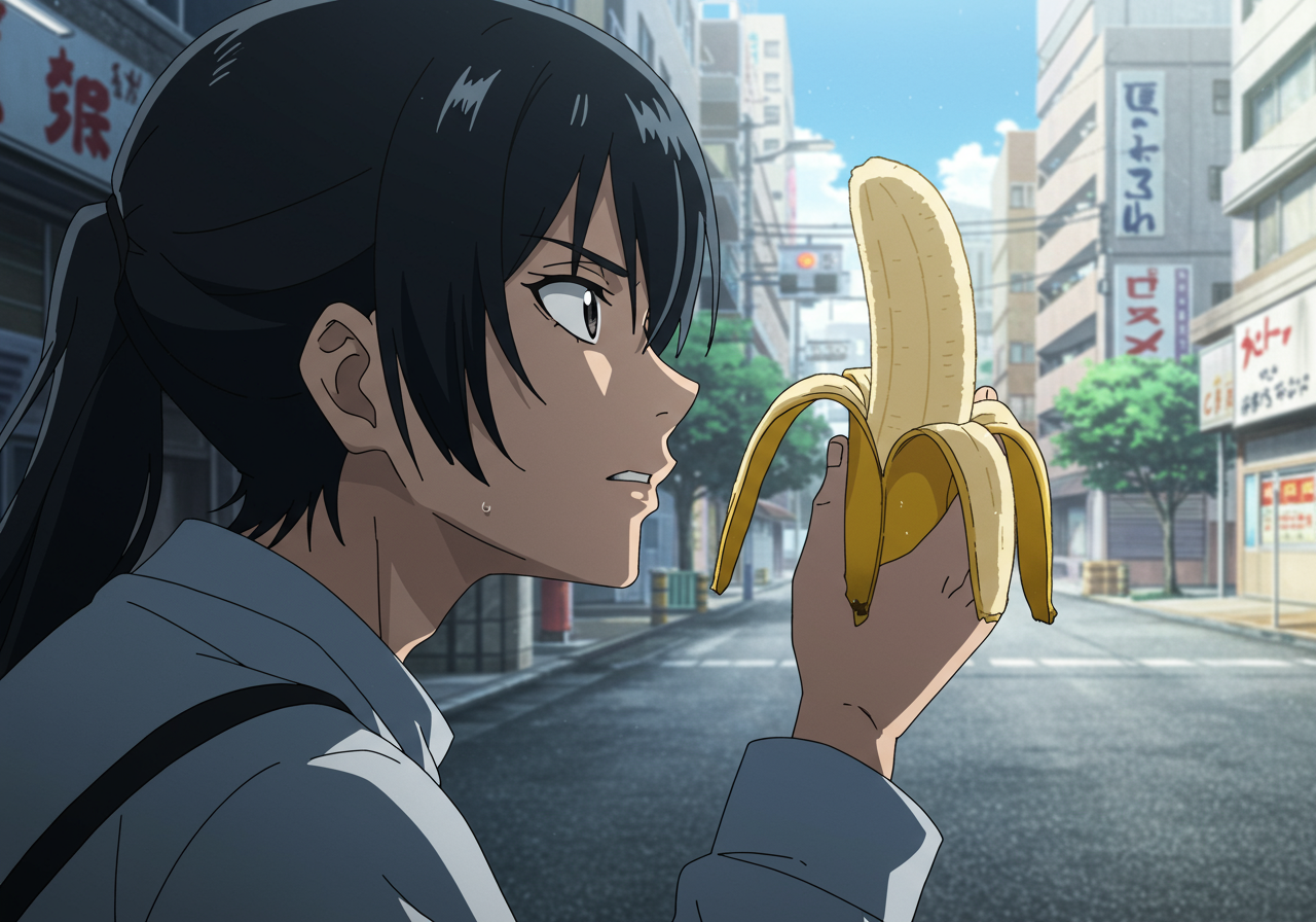 Sous un ciel murmureux, une héroïne s'interroge : une banane, clé des mystères ou simple collation ? Qui sait ce que cache ce fruit flamboyant ?