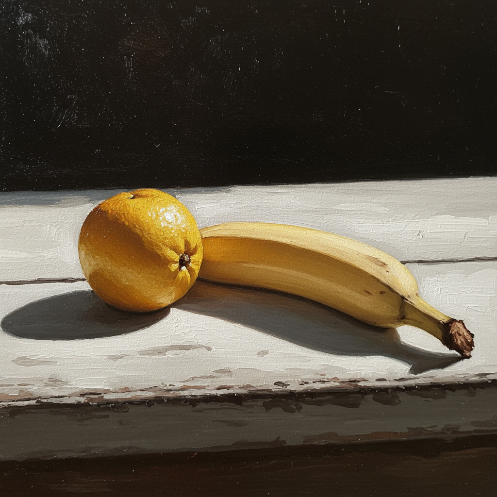 Fruit de soleil en étreinte, un citron complice d’une banane, illumine le bois fatigué d’histoires murmurées au crépuscule.