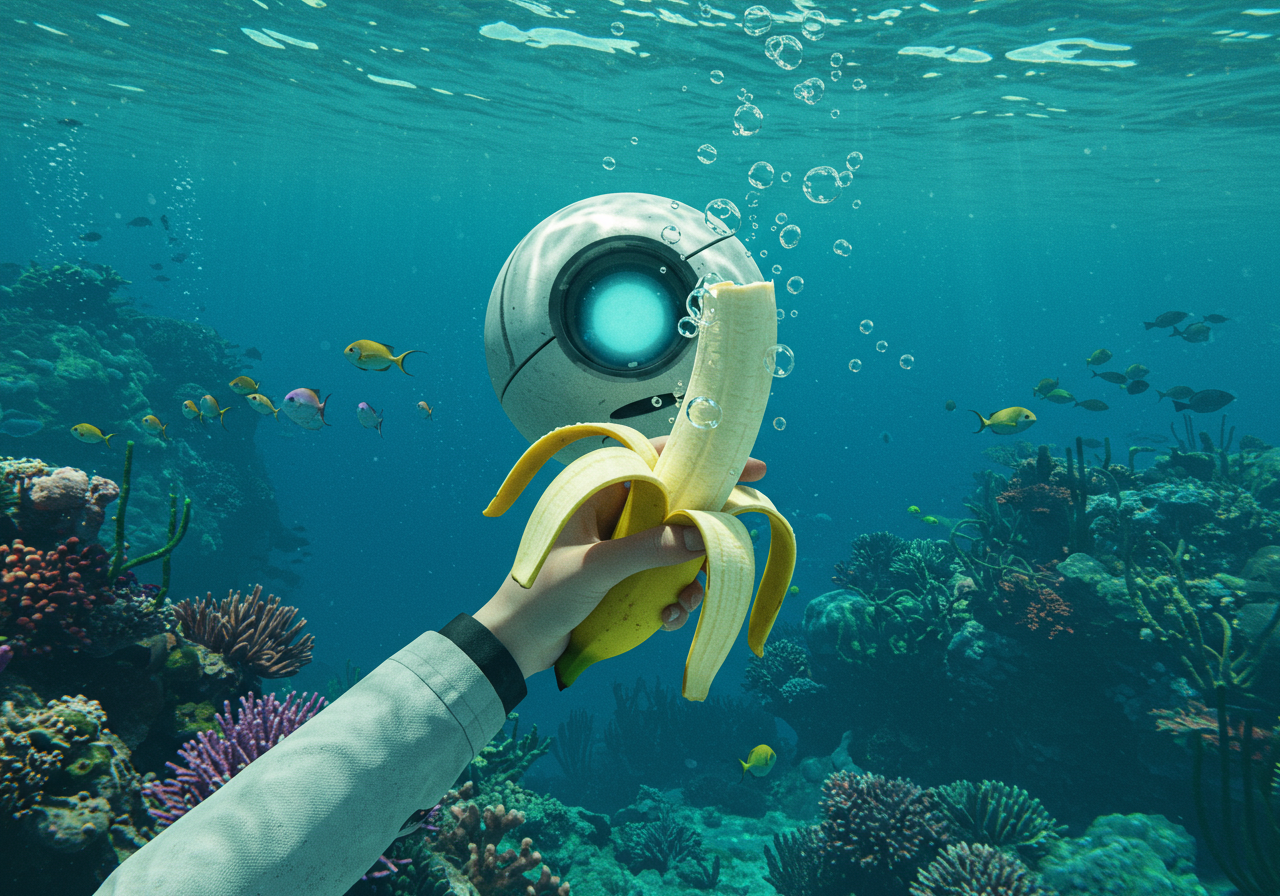 Dans l'océan bleu, une banane aspire aux bulles, argentée d'un œil curieux, comme un poisson rêvant d'aventures sucrées.