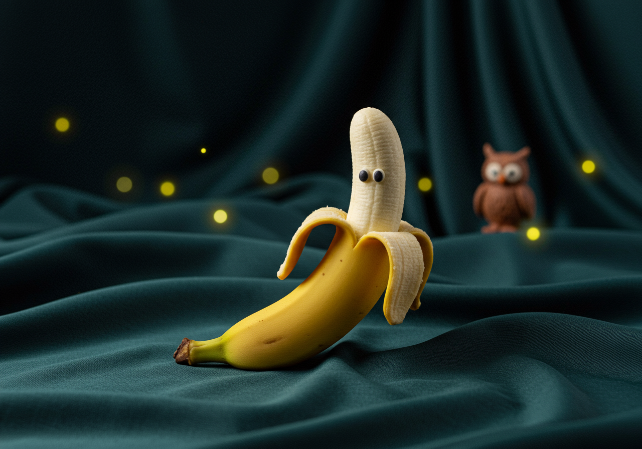 Une banane rêveuse danse sous les étoiles, cœur joyeux, tandis qu'un hibou spectateur éclaire la scène de sa sagesse silencieuse.
