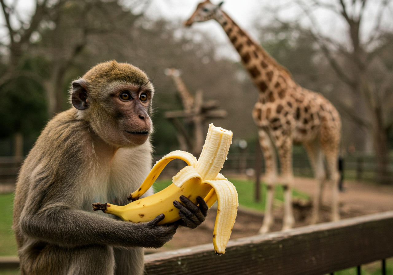 Dans un jardin d'étranges créatures, un primate philosophe savoure la sagesse des bananes, tandis qu'une girafe rêve des cimes des arbres.