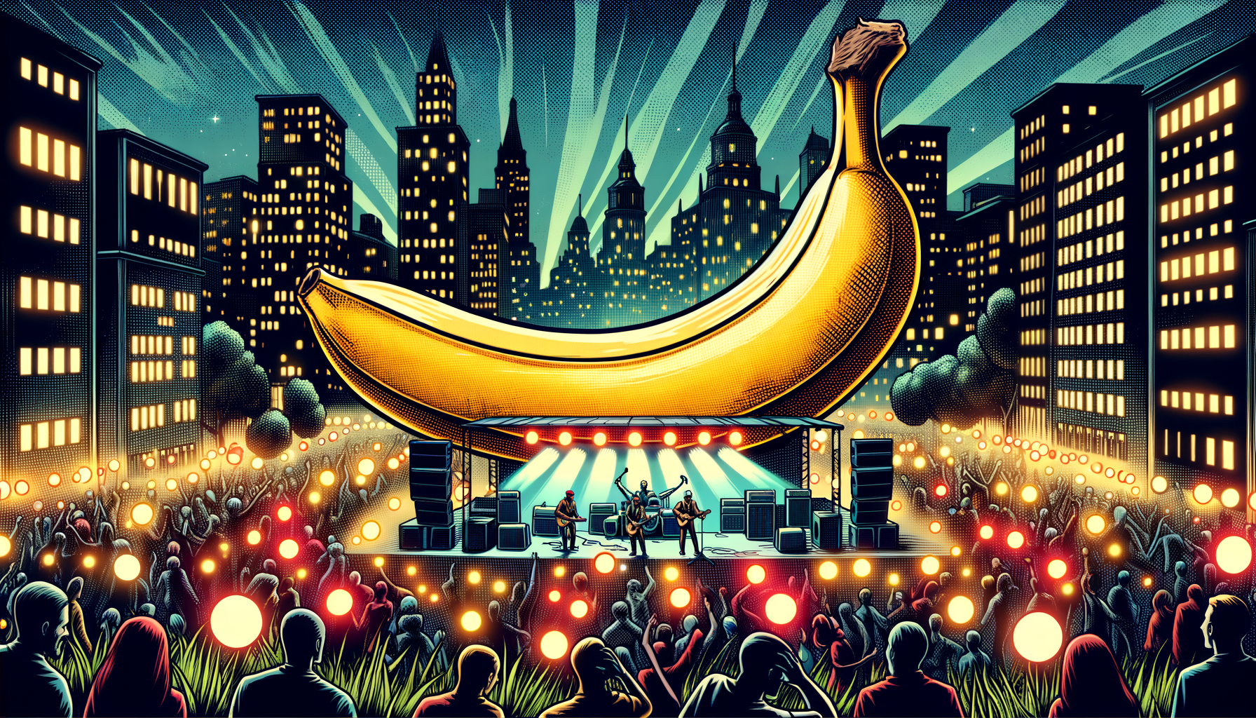 Sous un ciel étoilé, une banane dorée danse, défiant la raison, comme un riff électrisant où les citadins deviennent fruits de l'imaginaire.