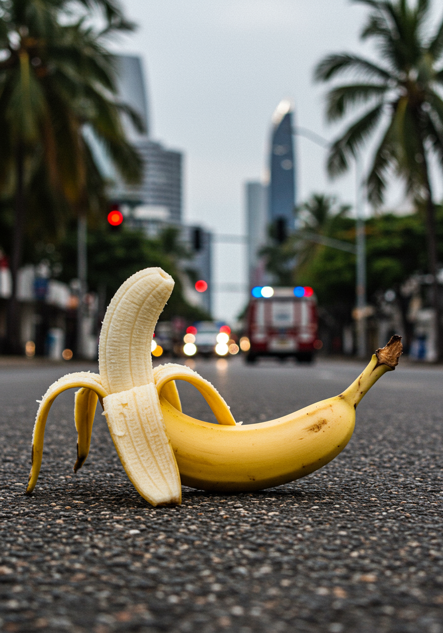 Une banane audacieuse, paisible sur l'asphalte urbaine, défiant le tumulte des voitures, rêve d'un monde où elle serait reine des routes.