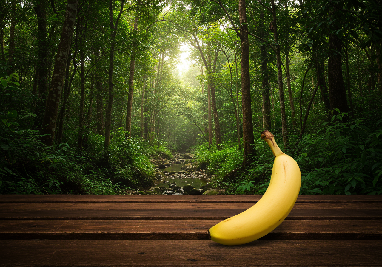 Dans la forêt murmurante, un éclat doré se dresse, témoin d'une danse insensée entre nature et fruit, rêve tropical sur un palier de bois.