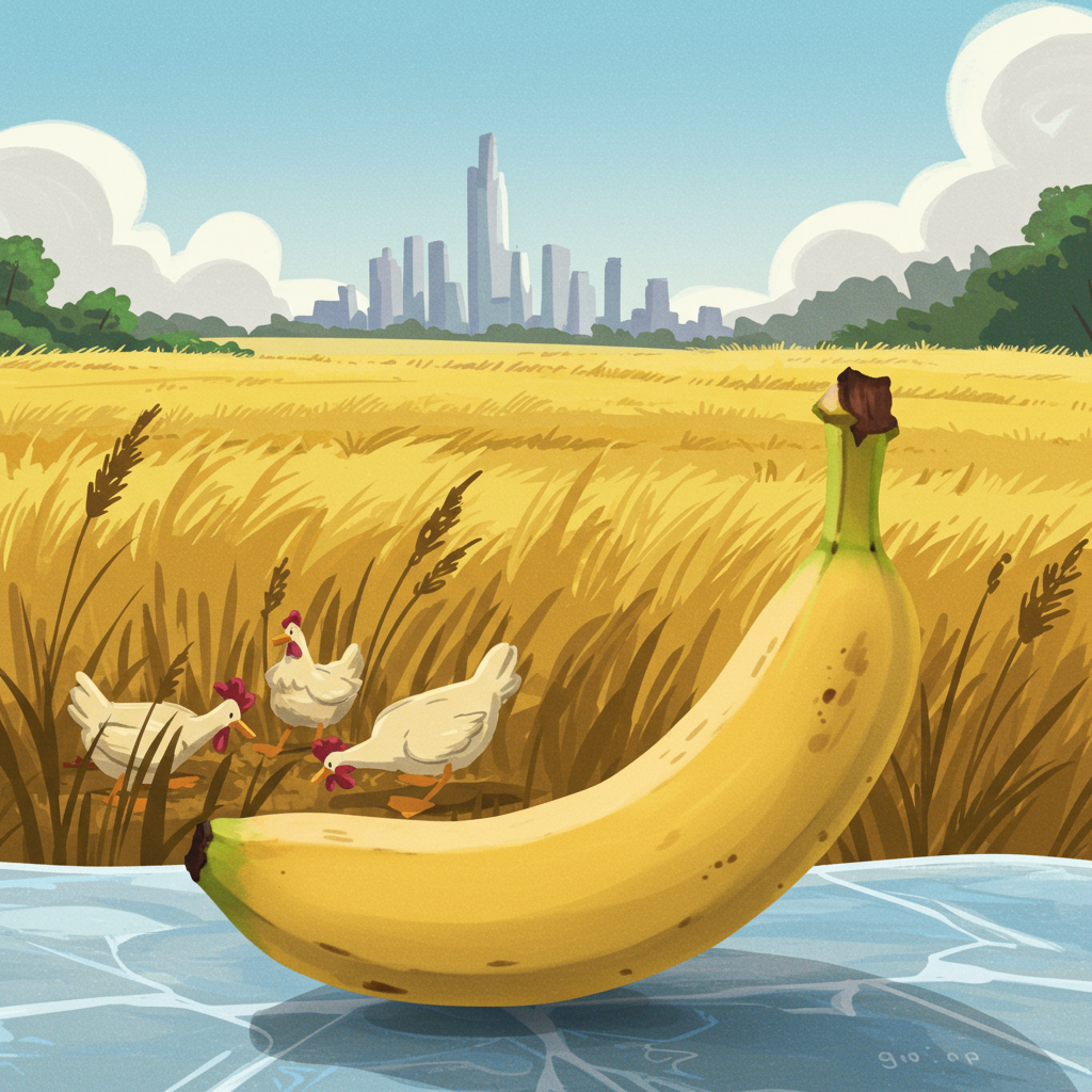 Sous un ciel tendre, une banane rêve, témoin d’un bal rural, où poules bavardes s'étonnent d’un gratte-ciel en arrière-plan.