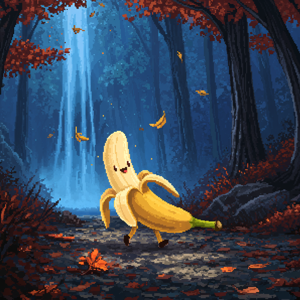 Dans les bois murmurants, une banane dansante croque la mélodie des feuilles; un éclat de rire en ruban de lumière, aux portes de l’imaginaire.