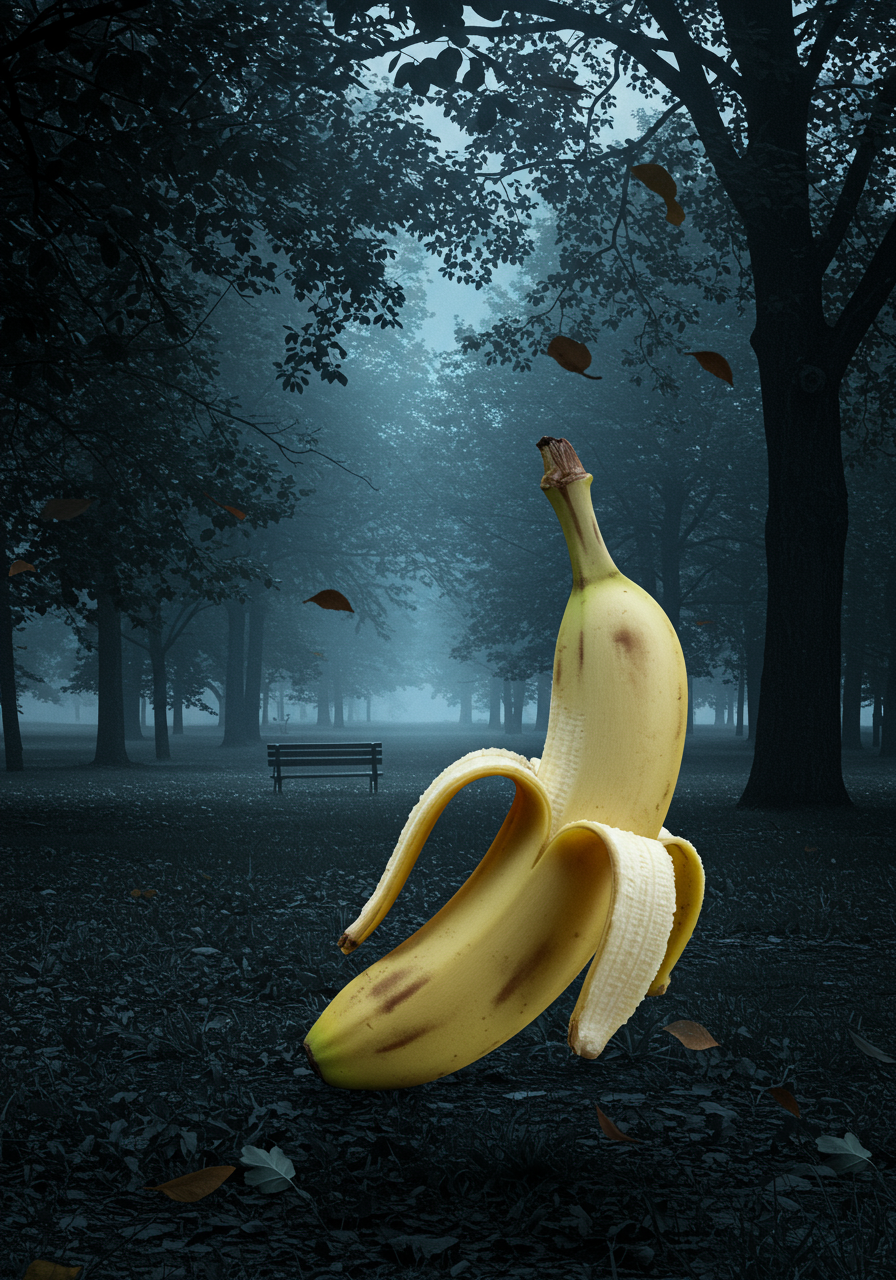 Dans la brume des arbres, un fruit au sourire doré danse, défiant les ombres, prêt à croquer l'étrangeté de la nuit.