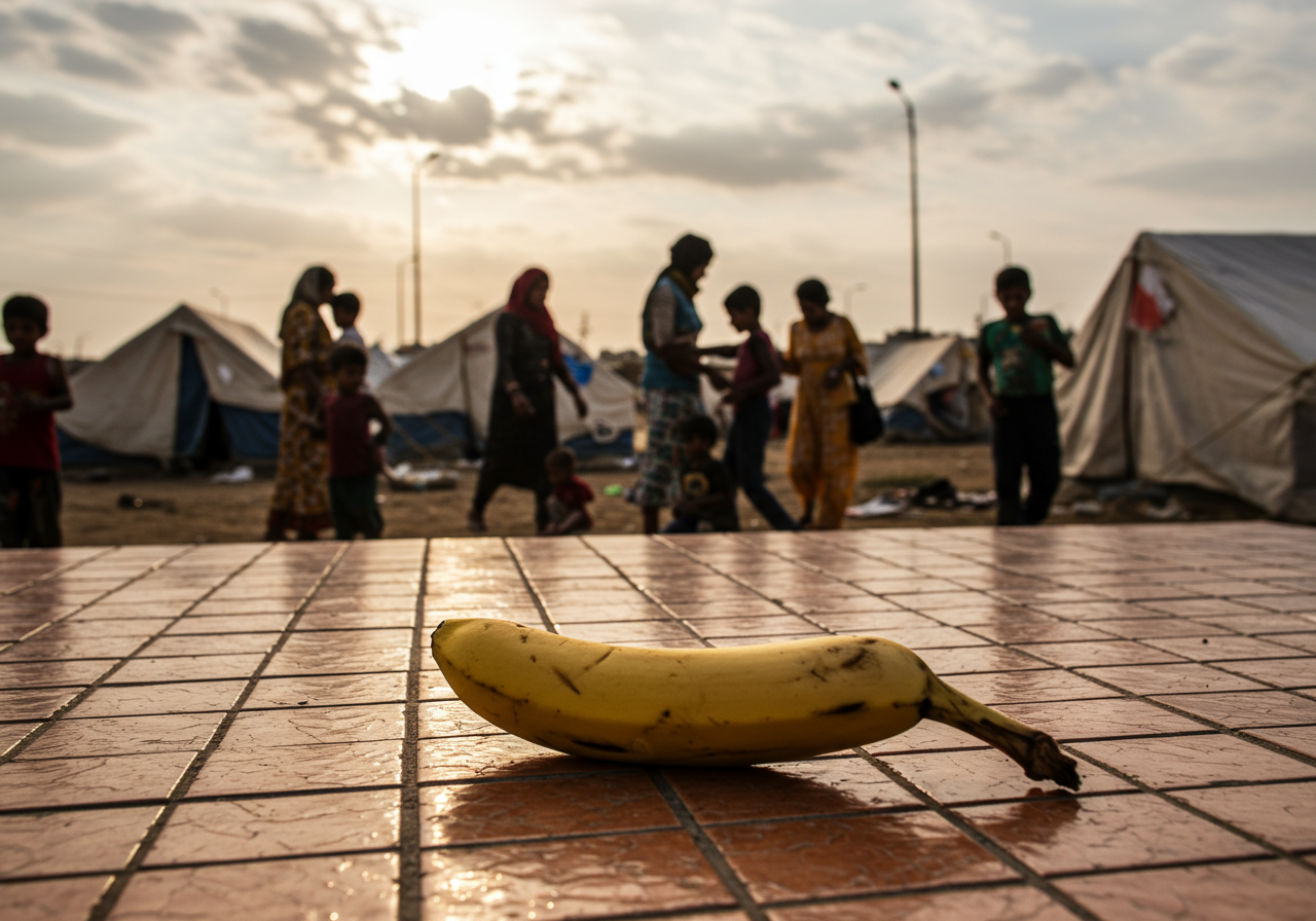 Un soleil orange drape une banane aux pieds d'une danse de silhouettes, élixir de joie au cœur d'un monde en désordre.