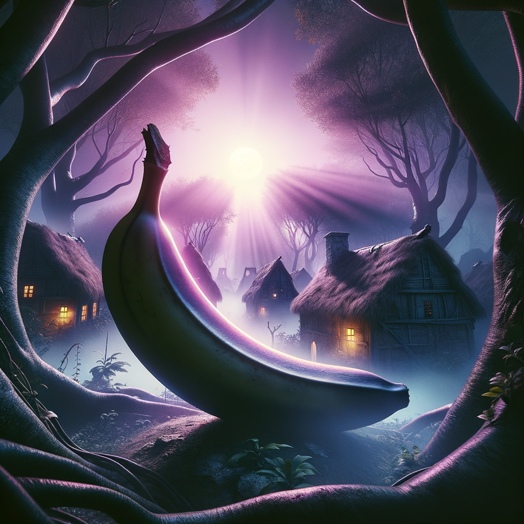 Sous la lune complice, une banane déclarée, trône en roi luminescent, tandis que les maisons murmurent des secrets en sourires dorés.
