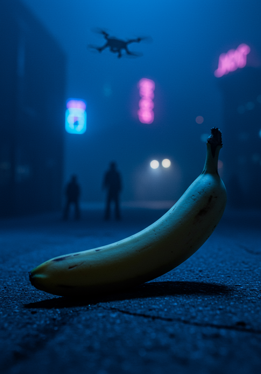Dans une ville bleutée, un bananier solitaire rêve d’évasion, tandis qu’un drone espionne son audace. Qui est le fruit de cette nuit étoilée ?