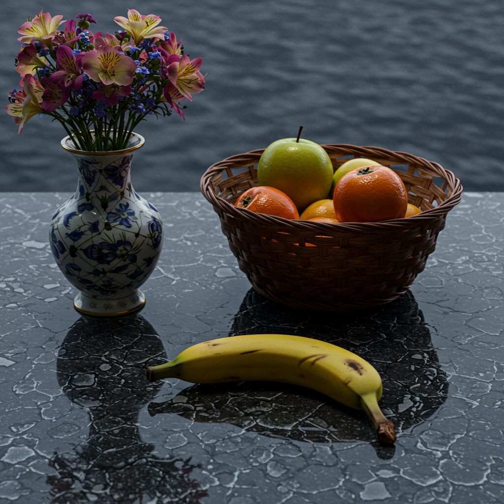 Fleurs enjoignant les fruits, rires ensoleillés sur le marbre glacé, une banane rêveuse attend sa danse croquante au bord des vagues murmures.