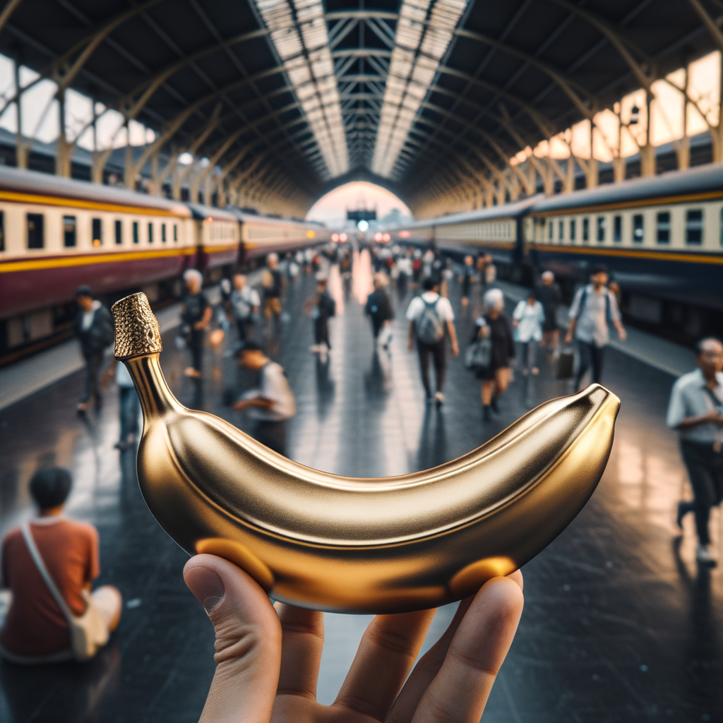 Dans un hall de fer, une banane dorée flirte avec le train du temps, où les rêves voyagent en écho et les éclats de rire s'entrelacent.