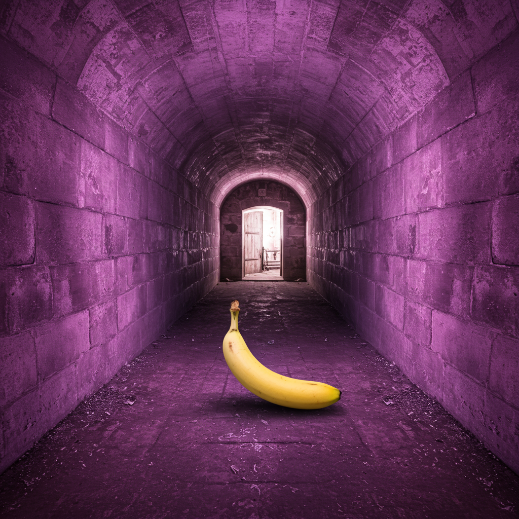 Au cœur d’un couloir violet, une banane rêve d’évasion, éclatant de soleil dans l’ombre d’un monde en déraison.