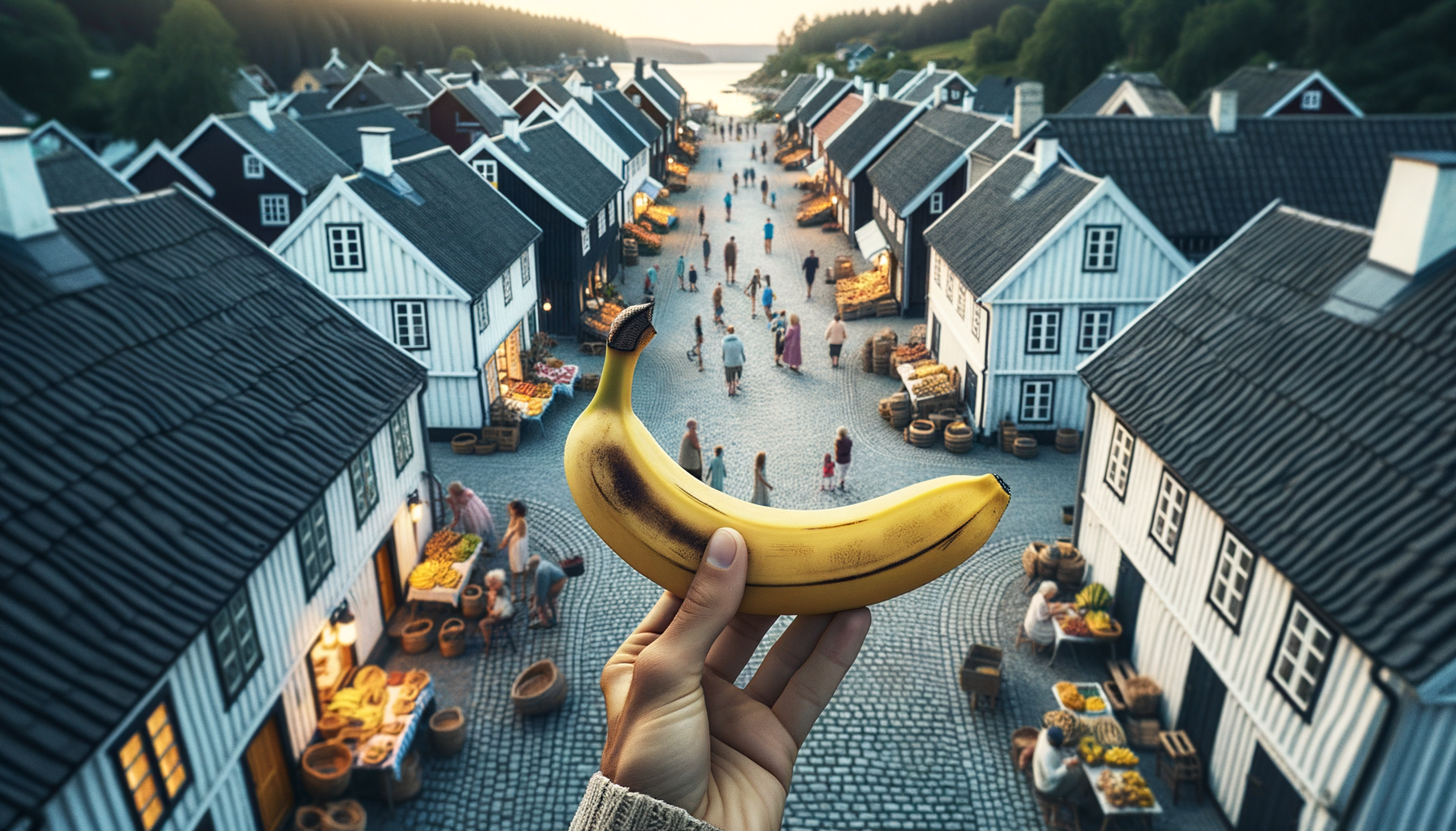 Une main délicate offre un soleil jaune aux maisons endormies, tandis que la ville rêve de goût et de rires, sous un ciel complice.