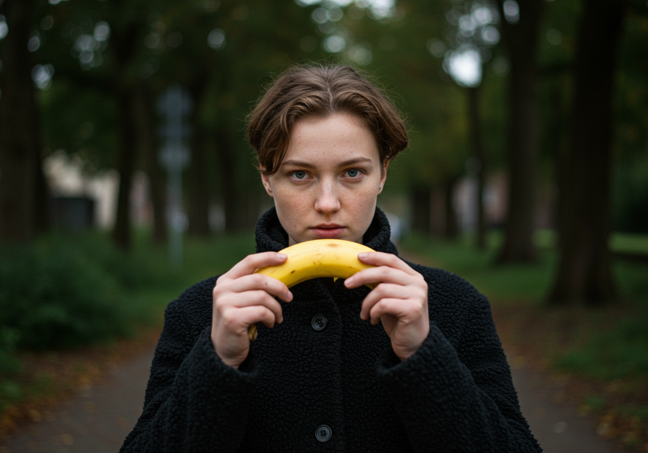 Un regard de défi, une banane comme sceptre, le vert des arbres complice de ce moment lunatique où l’absurde prend racine.