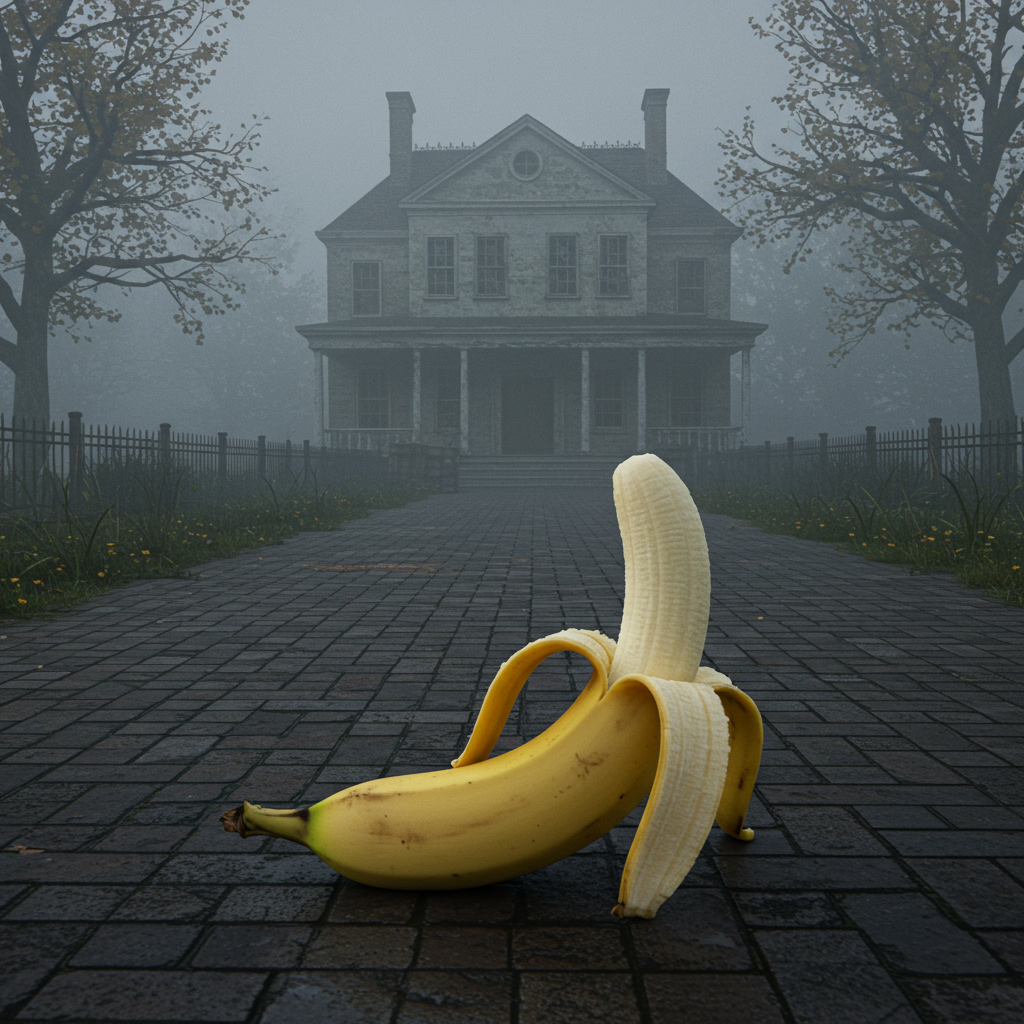 Une banane égarée, solitaire, murmure aux pierres anciennes : "Le mystère s'enrobe, mais je reste ici, justifiant l'absurde."