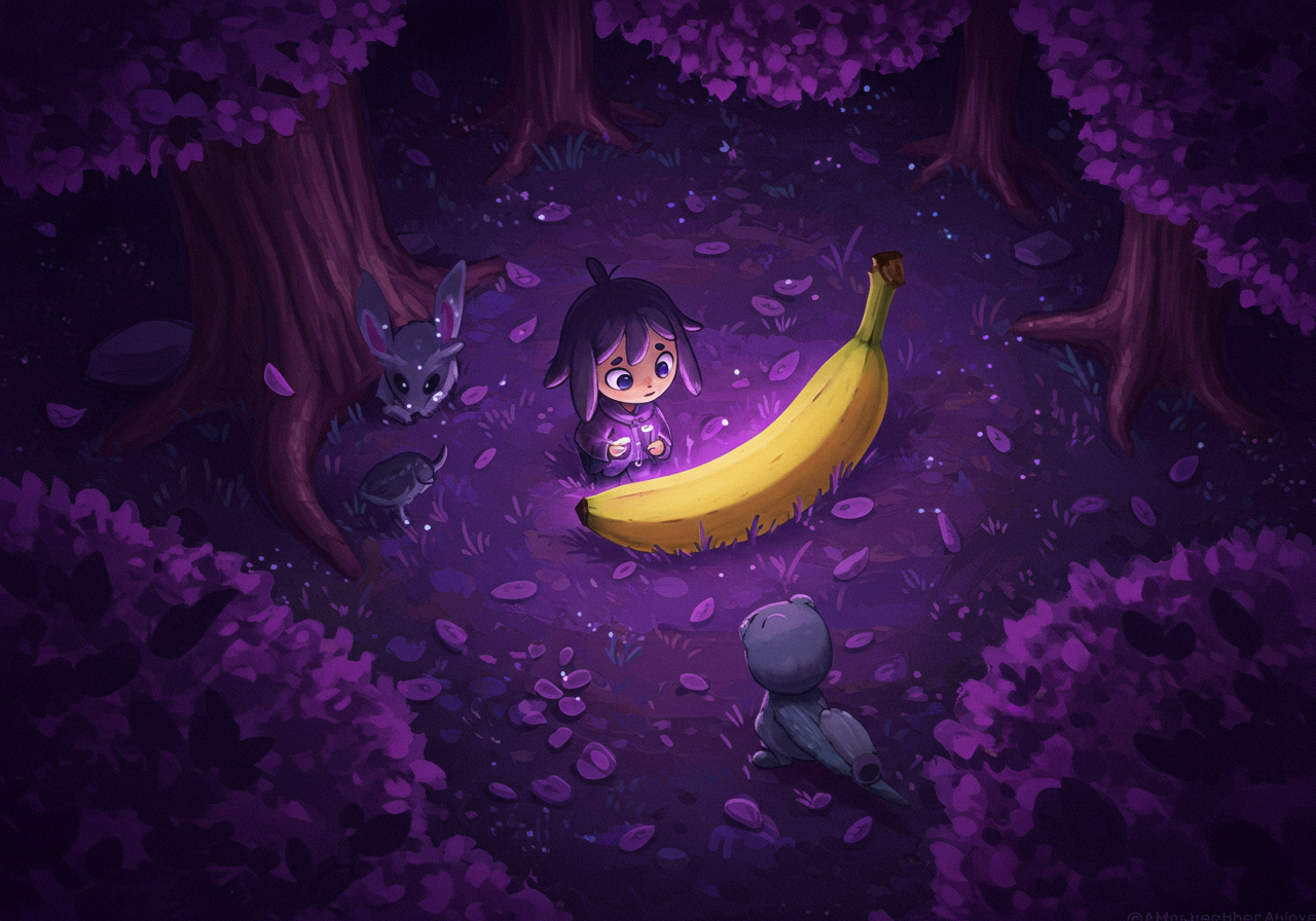 Sous un ciel de lilas, un fruit doré capte les rêves des curieux, rassemblant amis poilus et regards émerveillés dans une danse nocturne enchantée.