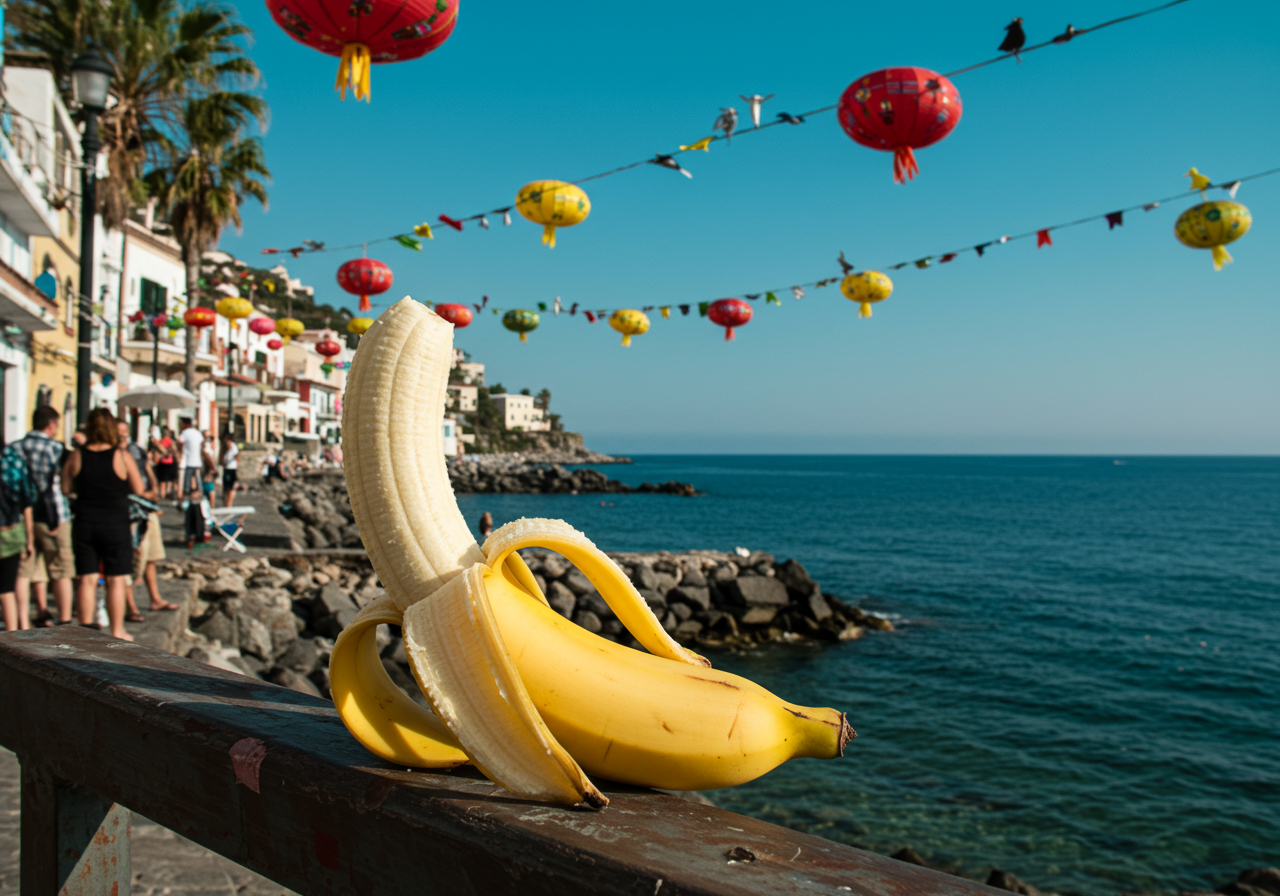 Sous un ciel azur, une banane rêve d’aventures, tandis que lanternes souriantes dansent au-dessus des vagues, orchestrant un ballet de couleurs estivales. 🍌✨