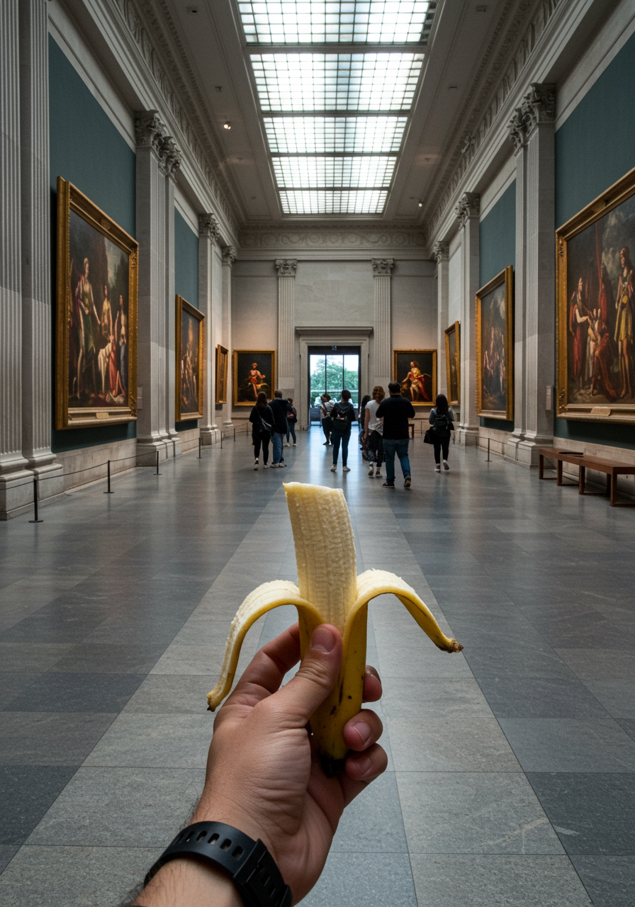 Dans un musée d'art, une banane studieuse interroge les chefs-d'œuvre, prête à débattre des couleurs des émotions et des saveurs du génie.
