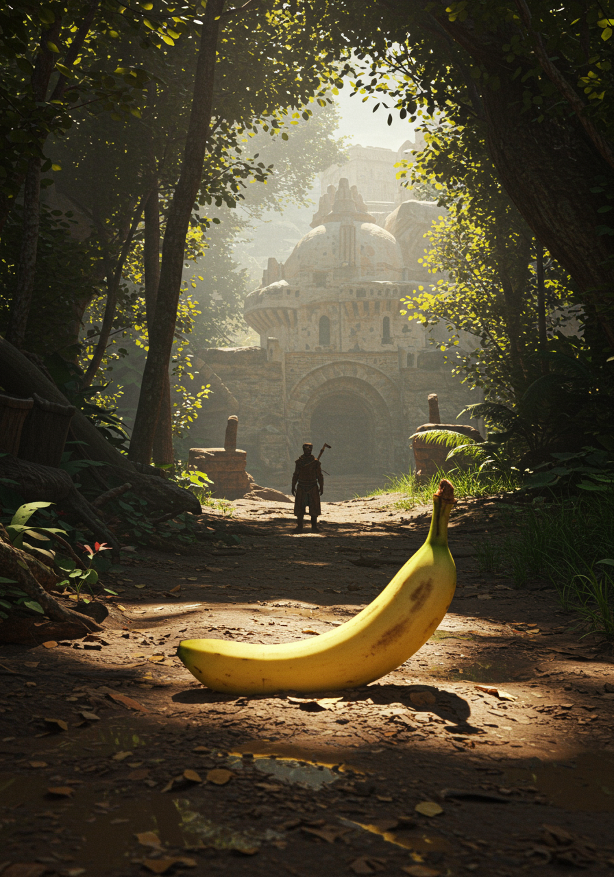 Une banane solitaire, gardienne de secrets anciens, se dresse fièrement sur le chemin d'un héros, entre jungle et légende, rieuse et étonnée.