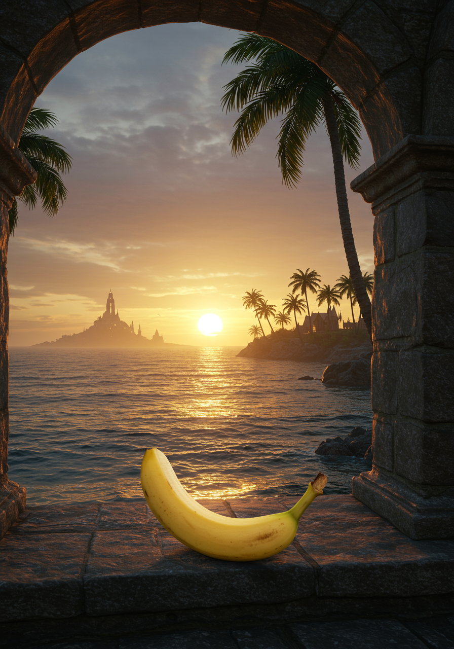 Sous un ciel enflammé, une banane rêve de vagues et de palmiers, comme un héros perdu sur l’île de la folie tropicale.