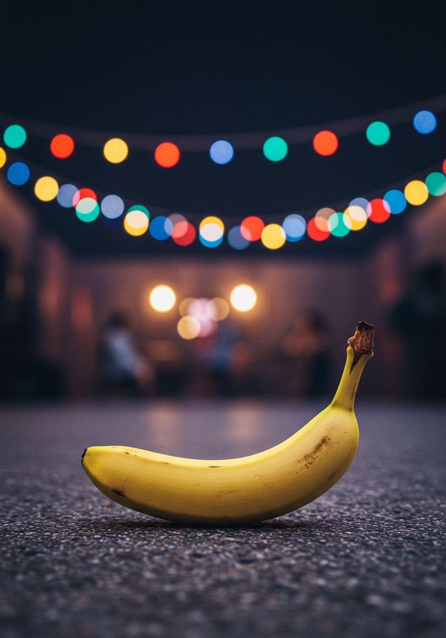 Une banane, star solitaire sous des guirlandes éclatantes, rêve d’une danse joyeuse dans la nuit, éclat de couleur au bal des ombres.